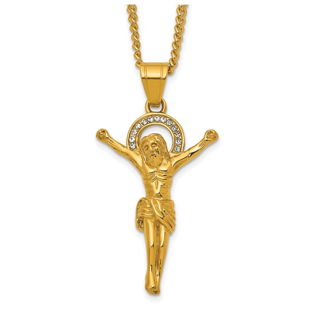 Stainless Steel Polished Yellow IP-plated Crystal Crucifix 24in Necklace – Elegant Jewelry Gift for Birthday, Anniversary, Engagement, Wedding