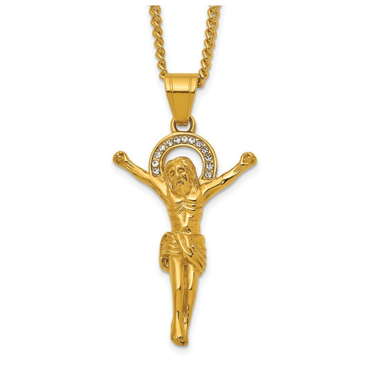 Stainless Steel Polished Yellow IP-plated Crystal Crucifix 24in Necklace – Elegant Jewelry Gift for Birthday, Anniversary, Engagement, Wedding