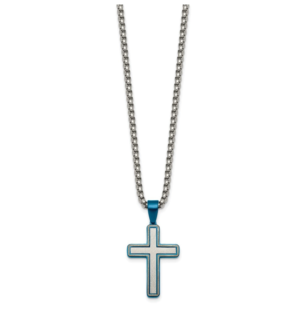 Stainless Steel Brushed and Polished with Blue IP-plated Cross 24in Necklace – Elegant Jewelry Gift for Birthday, Anniversary, Engagement, Wedding