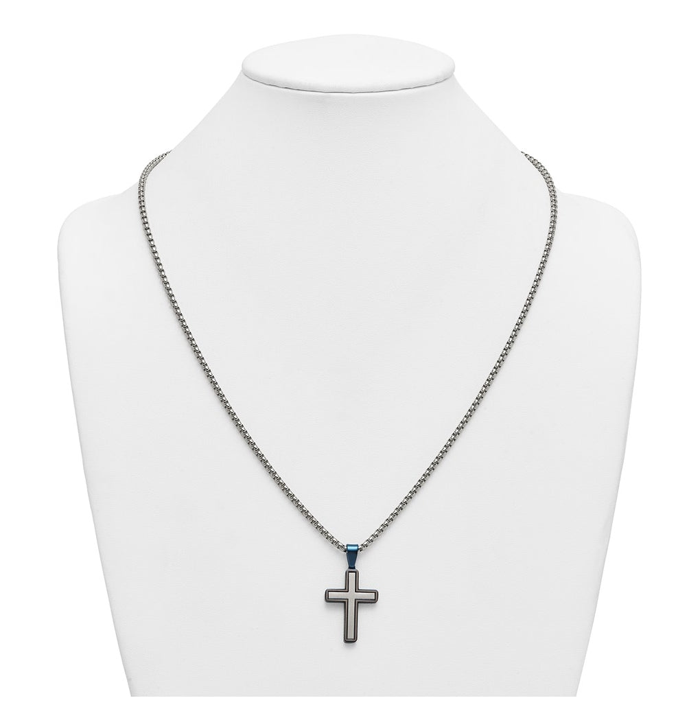 Stainless Steel Brushed and Polished with Blue IP-plated Cross 24in Necklace – Elegant Jewelry Gift for Birthday, Anniversary, Engagement, Wedding