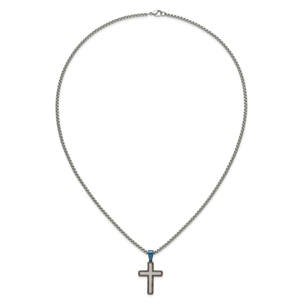 Stainless Steel Brushed and Polished with Blue IP-plated Cross 24in Necklace – Elegant Jewelry Gift for Birthday, Anniversary, Engagement, Wedding