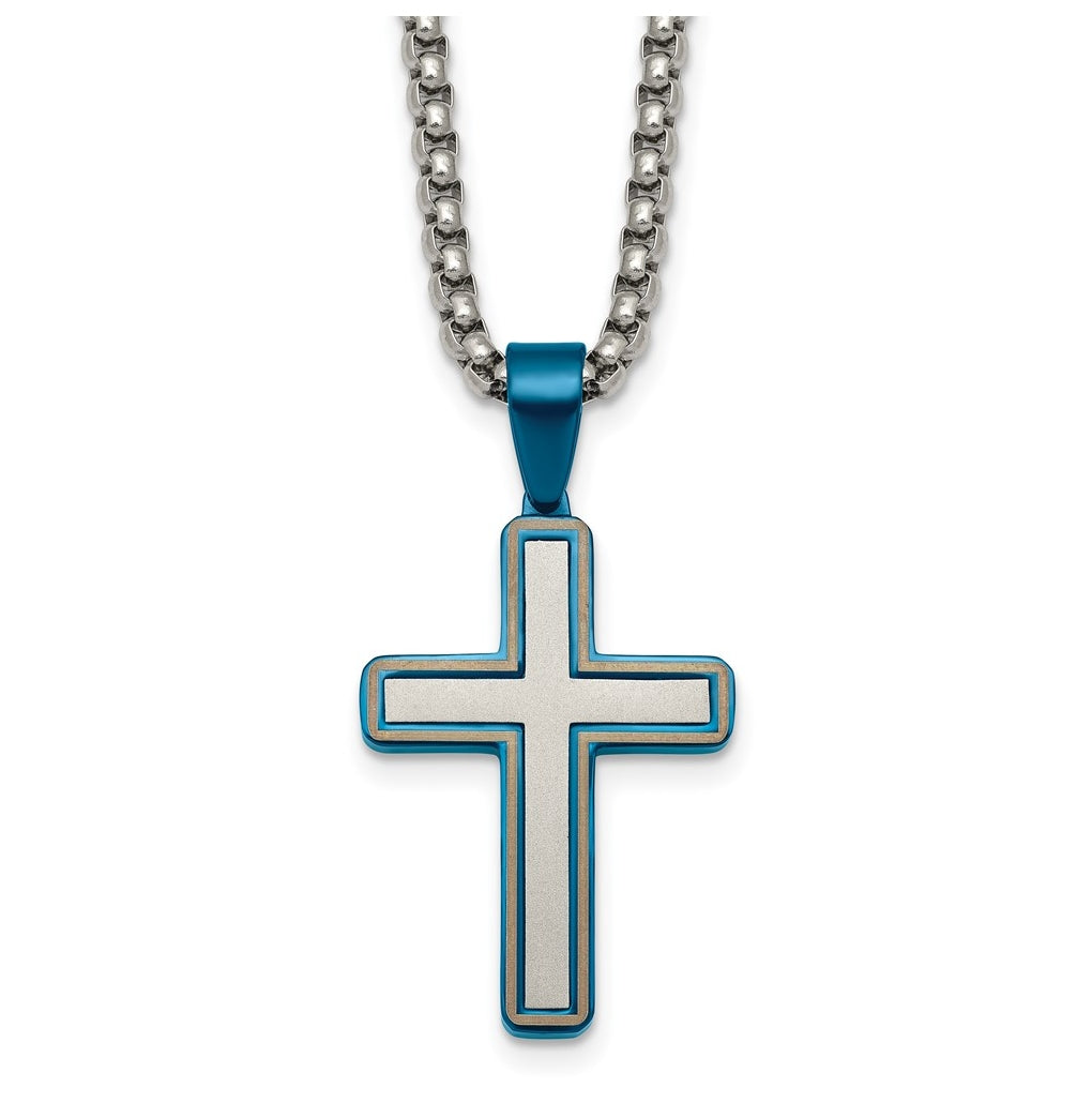 Stainless Steel Brushed and Polished with Blue IP-plated Cross 24in Necklace – Elegant Jewelry Gift for Birthday, Anniversary, Engagement, Wedding