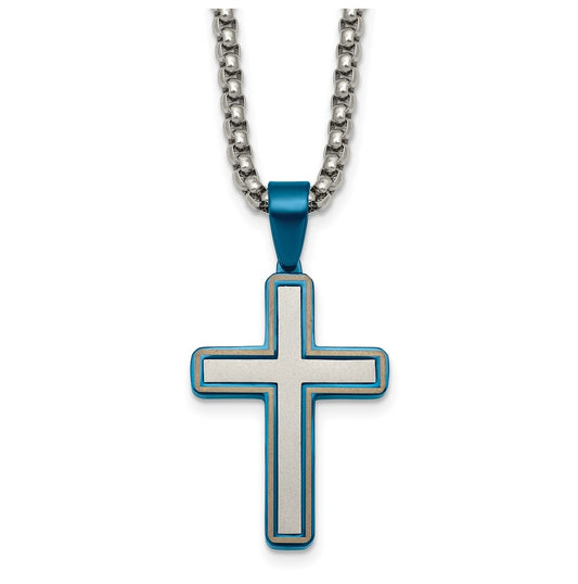 Stainless Steel Brushed and Polished with Blue IP-plated Cross 24in Necklace – Elegant Jewelry Gift for Birthday, Anniversary, Engagement, Wedding