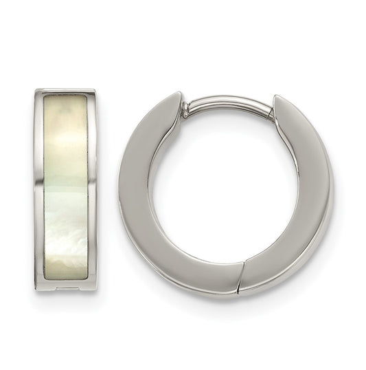Titanium Polished Shell Inlay Hinged Hoop Earrings – Elegant Jewelry Gift for Birthday, Anniversary, Engagement, Wedding