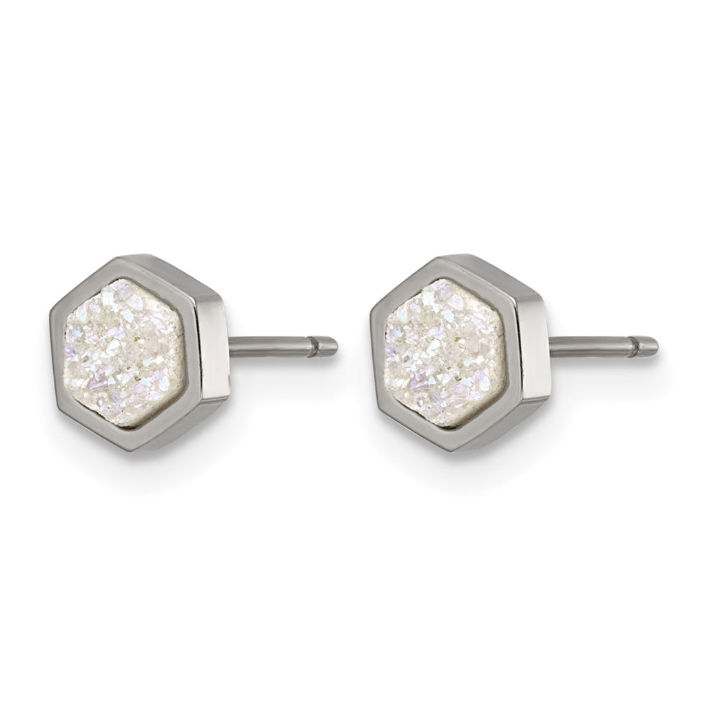 Titanium Polished Druzy Center Hexagon Post Earrings – Elegant Jewelry Gift for Birthday, Anniversary, Engagement, Wedding