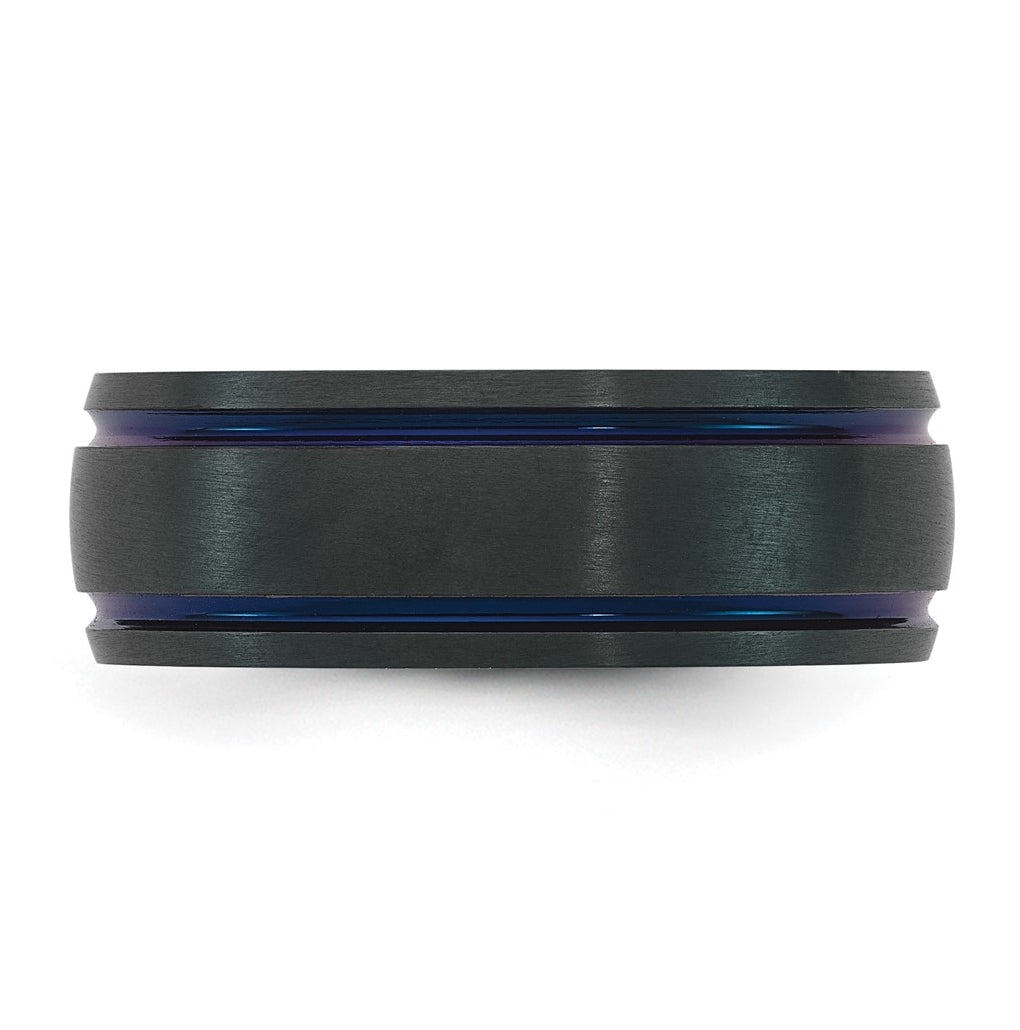 Black Zirconium Polished and Brushed Blue IP Double Grooved 8mm Ring Size 10 – Elegant Jewelry Gift for Birthday, Anniversary, Engagement, Wedding
