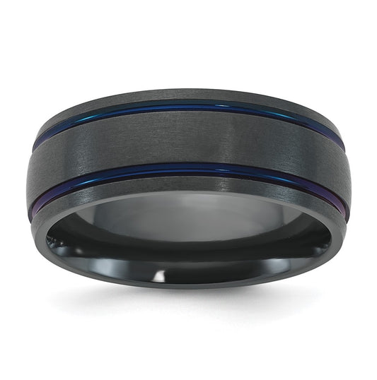 Black Zirconium Polished and Brushed Blue IP Double Grooved 8mm Ring Size 10 – Elegant Jewelry Gift for Birthday, Anniversary, Engagement, Wedding