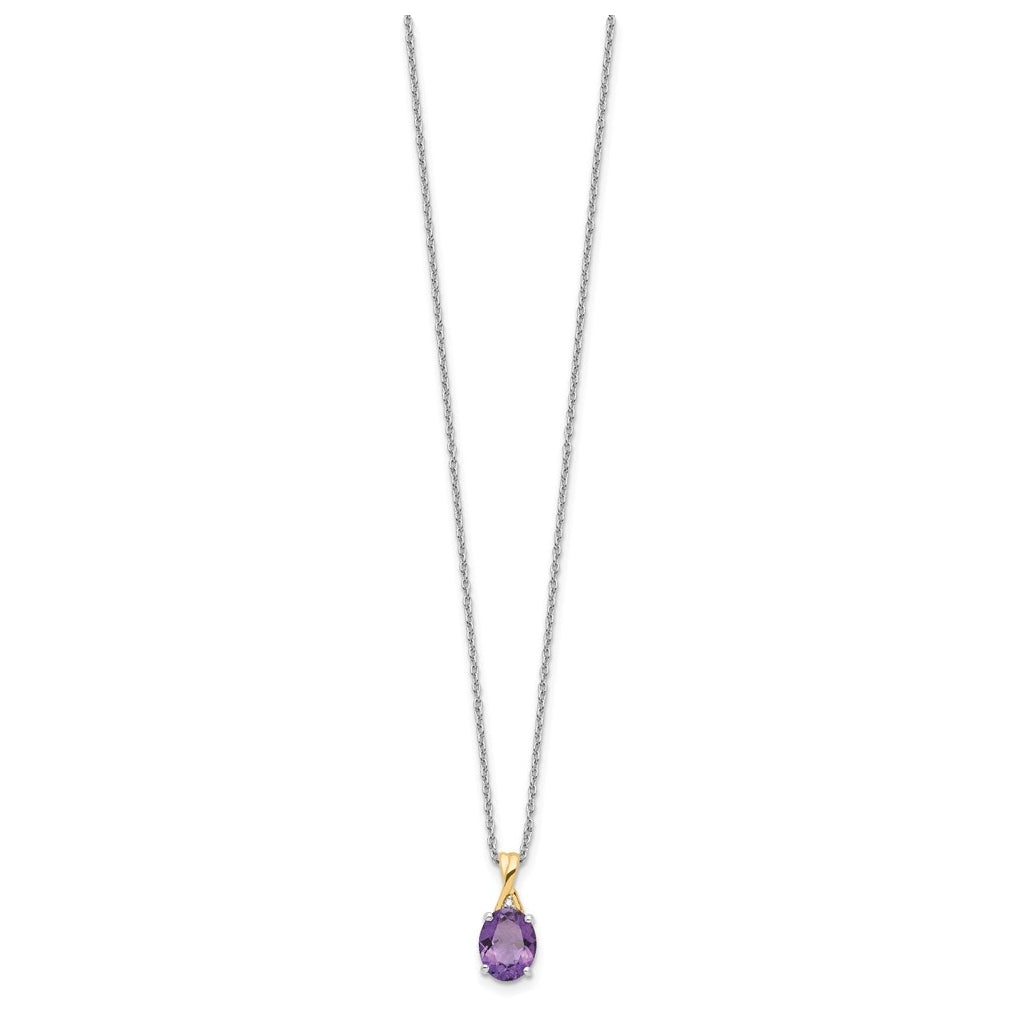 Sterling Silver Rhodium-plated/14k Yellow Gold Amethyst/Diamond 18in w/2in ext Necklace – Elegant Jewelry Gift for Birthday, Anniversary, Engagement, Wedding