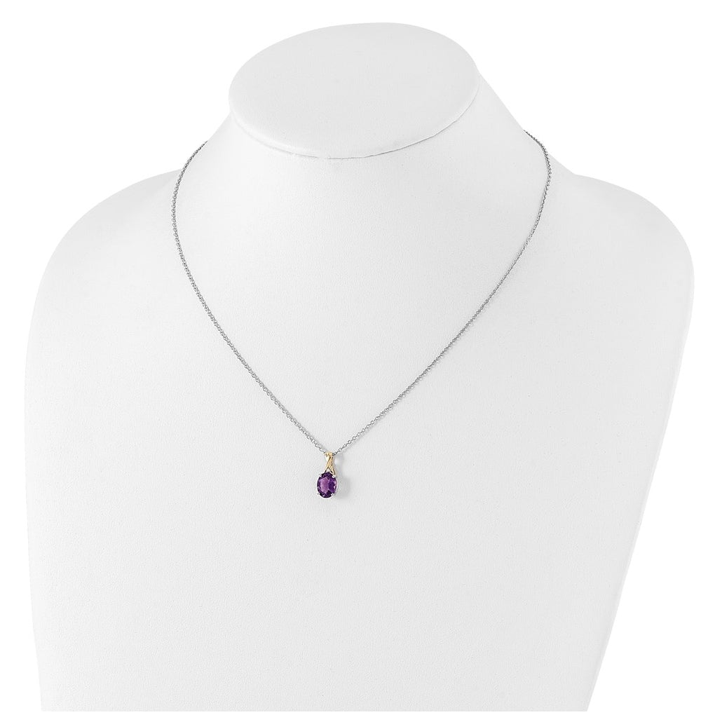 Sterling Silver Rhodium-plated/14k Yellow Gold Amethyst/Diamond 18in w/2in ext Necklace – Elegant Jewelry Gift for Birthday, Anniversary, Engagement, Wedding