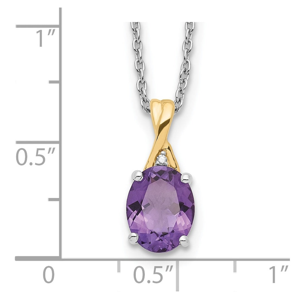 Sterling Silver Rhodium-plated/14k Yellow Gold Amethyst/Diamond 18in w/2in ext Necklace – Elegant Jewelry Gift for Birthday, Anniversary, Engagement, Wedding