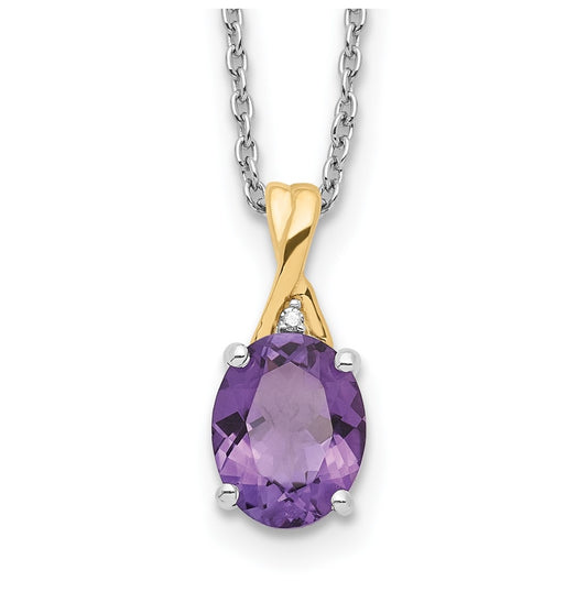 Sterling Silver Rhodium-plated/14k Yellow Gold Amethyst/Diamond 18in w/2in ext Necklace – Elegant Jewelry Gift for Birthday, Anniversary, Engagement, Wedding