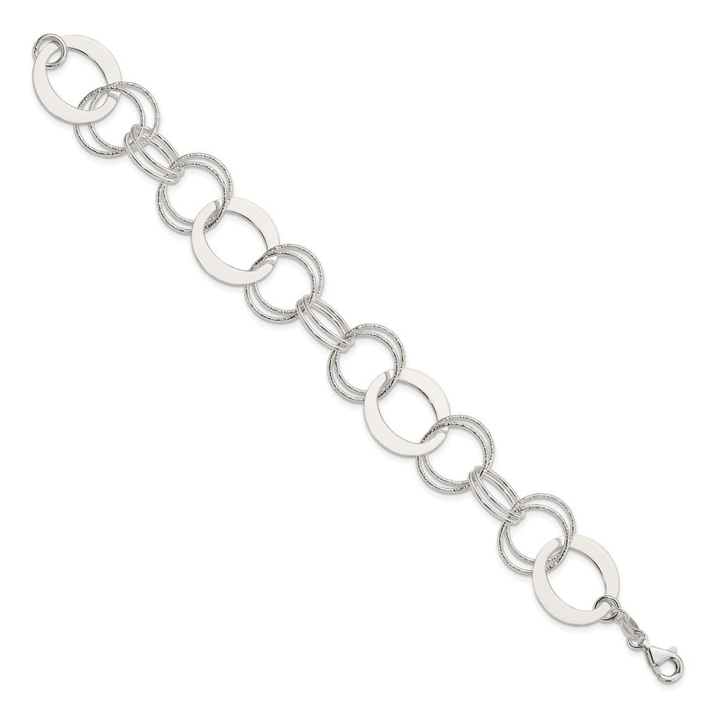 Sterling Silver Polished and Textured Circle Link Bracelet – Elegant Jewelry Gift for Birthday, Anniversary, Engagement, Wedding