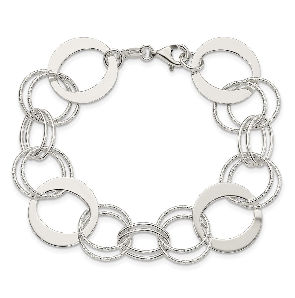 Sterling Silver Polished and Textured Circle Link Bracelet – Elegant Jewelry Gift for Birthday, Anniversary, Engagement, Wedding