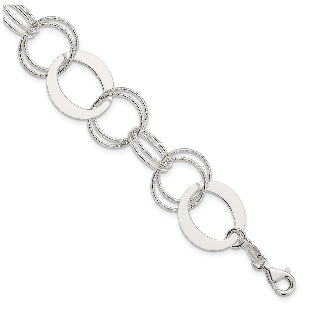 Sterling Silver Polished and Textured Circle Link Bracelet – Elegant Jewelry Gift for Birthday, Anniversary, Engagement, Wedding