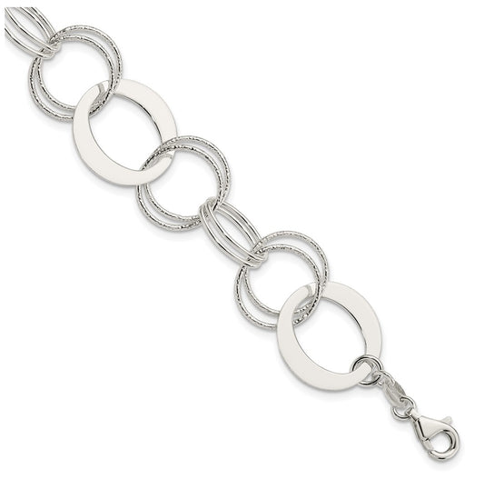 Sterling Silver Polished and Textured Circle Link Bracelet – Elegant Jewelry Gift for Birthday, Anniversary, Engagement, Wedding