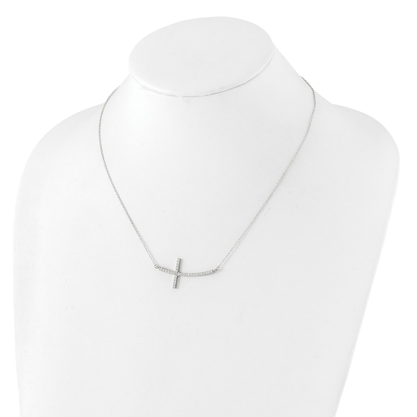 Sterling Silver Rhodium plated Cubic Zirconia Sideways Cross with 2in Ext Necklace
