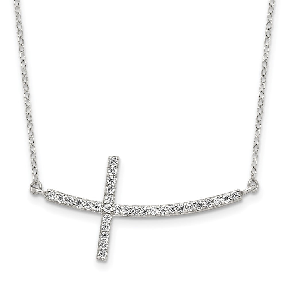 Sterling Silver Rhodium plated Cubic Zirconia Sideways Cross with 2in Ext Necklace