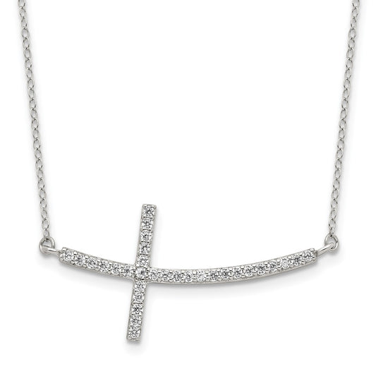 Sterling Silver Rhodium plated Cubic Zirconia Sideways Cross with 2in Ext Necklace