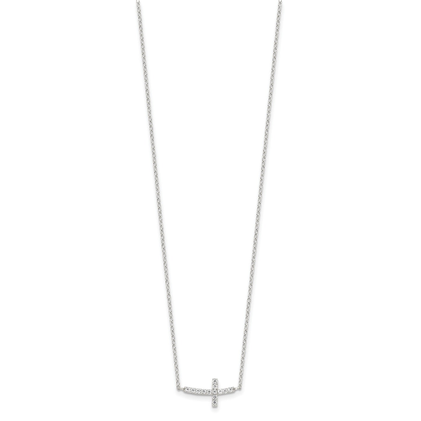 Sterling Silver Rhodium plated Cubic Zirconia Sideways Cross with 2in Ext Necklace