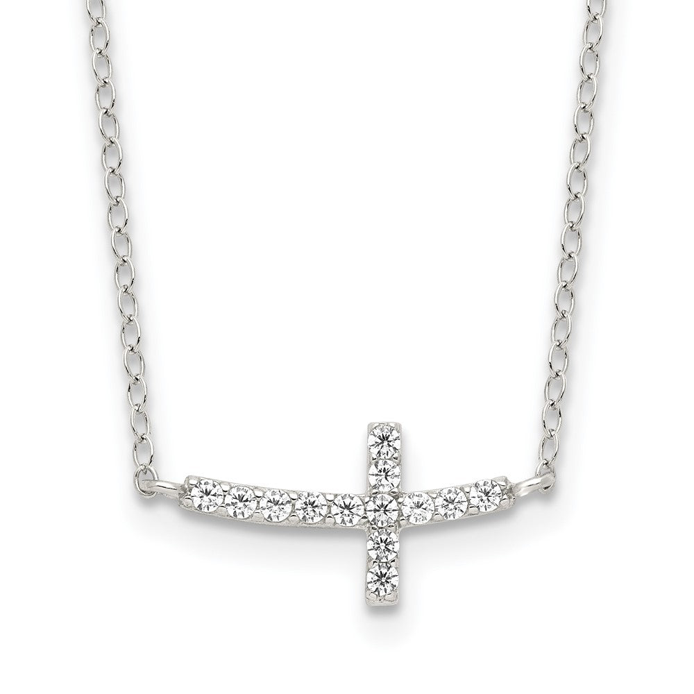 Sterling Silver Rhodium plated Cubic Zirconia Sideways Cross with 2in Ext Necklace