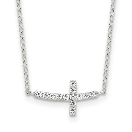 Sterling Silver Rhodium plated Cubic Zirconia Sideways Cross with 2in Ext Necklace