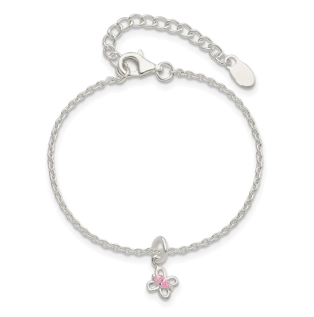 Sterling Silver Polished Pink Cubic Zirconia Butterfly w/ 1.5in Ext. Children's Bracelet