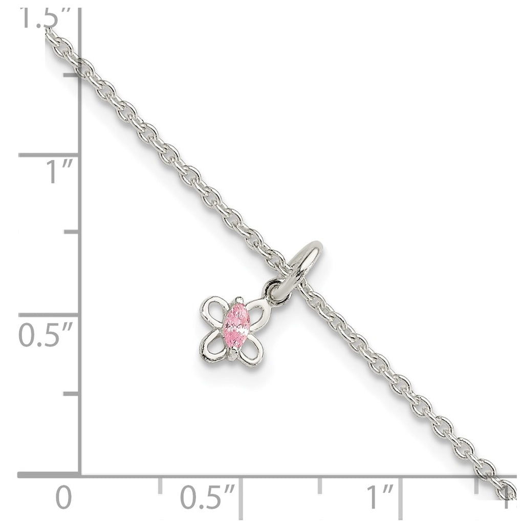 Sterling Silver Polished Pink Cubic Zirconia Butterfly w/ 1.5in Ext. Children's Bracelet