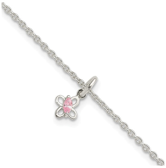 Sterling Silver Polished Pink Cubic Zirconia Butterfly w/ 1.5in Ext. Children's Bracelet