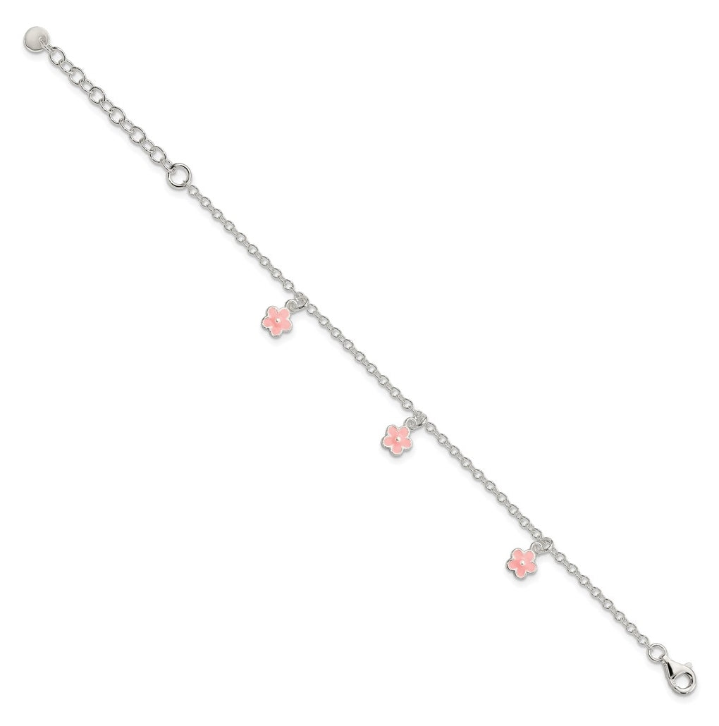 Sterling Silver Polished Pink Enamel Flowers w/1.5in Ext Children's Bracelet
