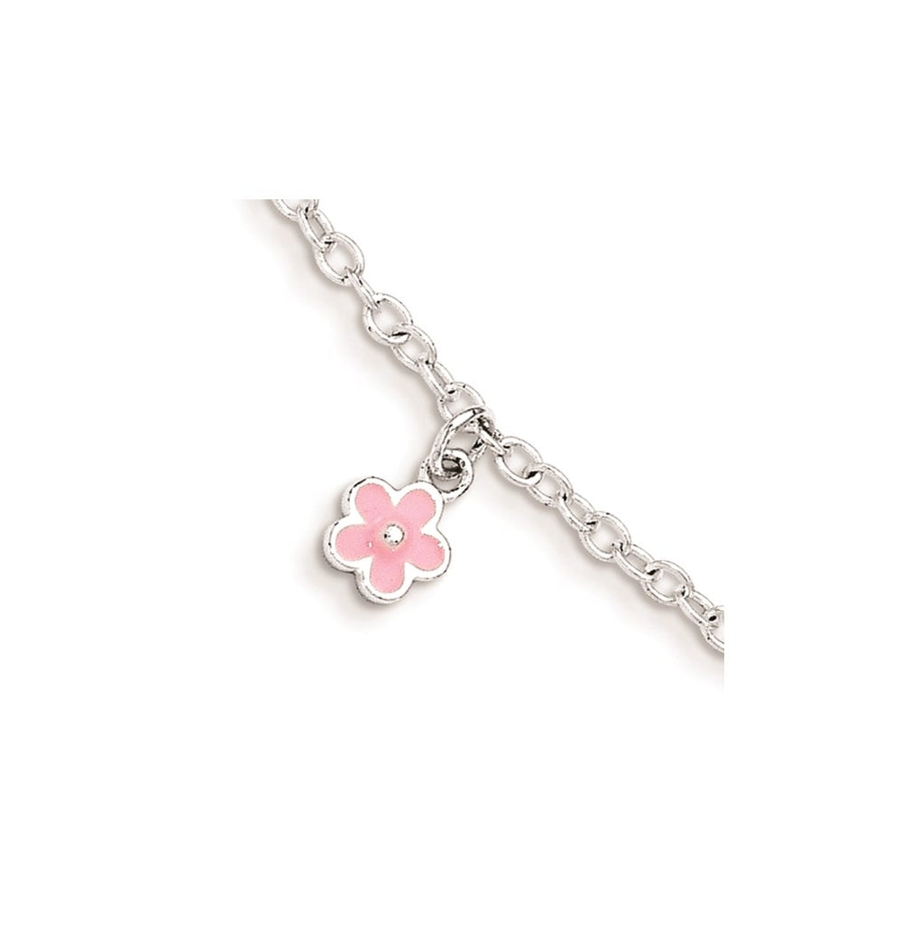 Sterling Silver Polished Pink Enamel Flowers w/1.5in Ext Children's Bracelet