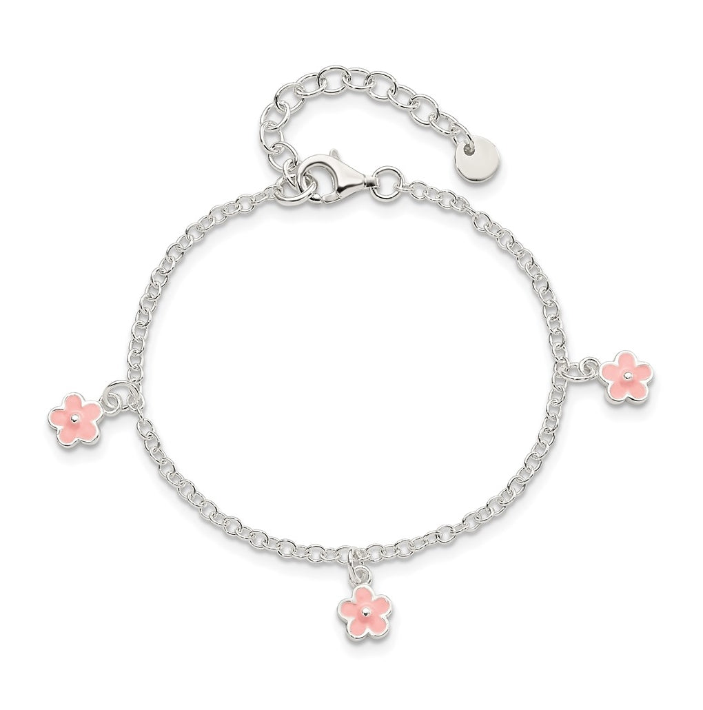 Sterling Silver Polished Pink Enamel Flowers w/1.5in Ext Children's Bracelet
