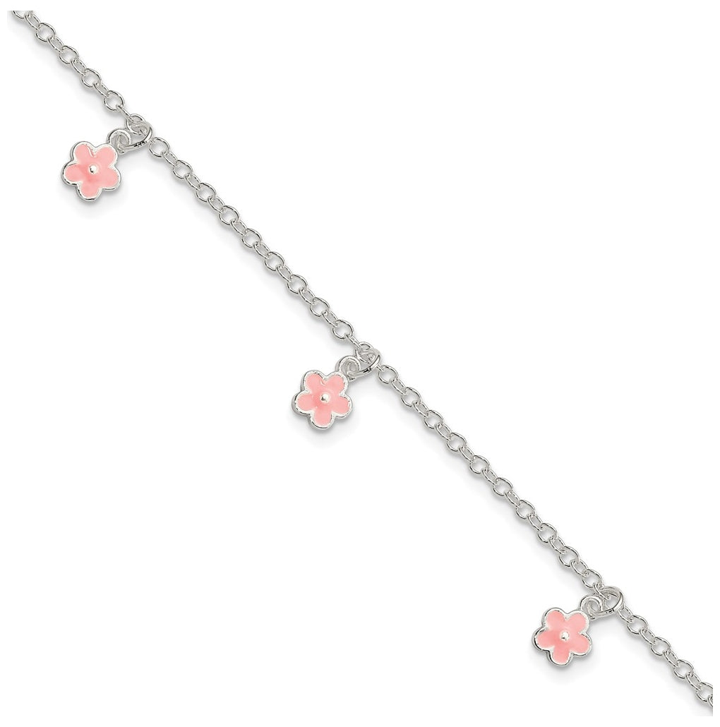 Sterling Silver Polished Pink Enamel Flowers w/1.5in Ext Children's Bracelet