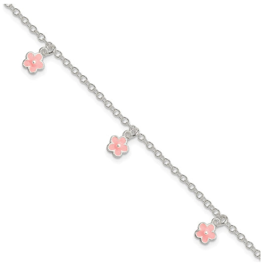 Sterling Silver Polished Pink Enamel Flowers w/1.5in Ext Children's Bracelet