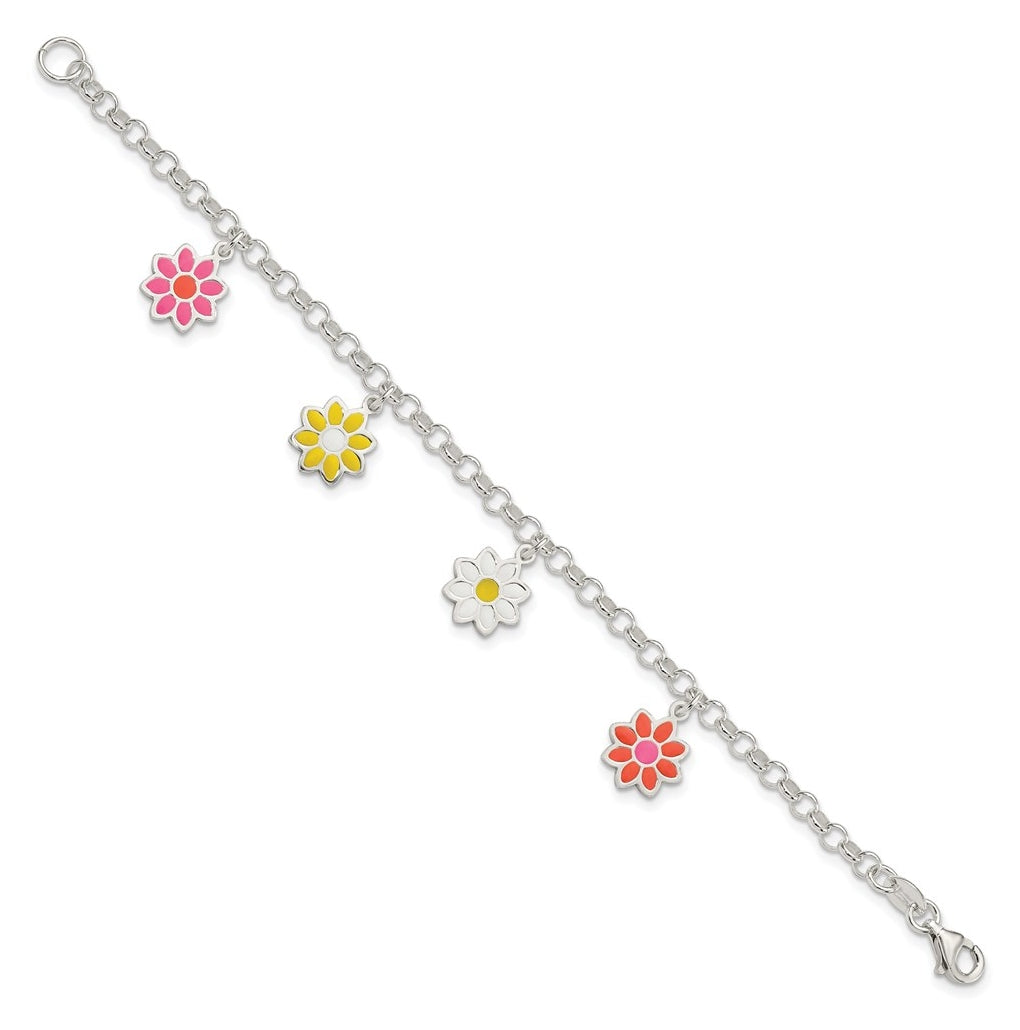 Sterling Silver Polished Multi-color Enamel Flowers Children's Bracelet