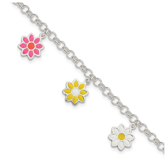 Sterling Silver Polished Multi-color Enamel Flowers Children's Bracelet