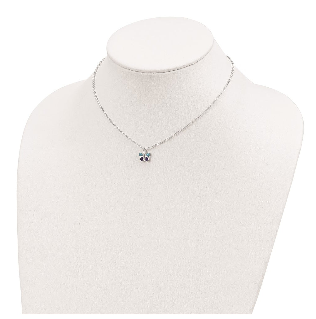 Sterling Silver Polished Blue & Purple Enameled Butterfly with 1.5inch Extension Children's Necklace