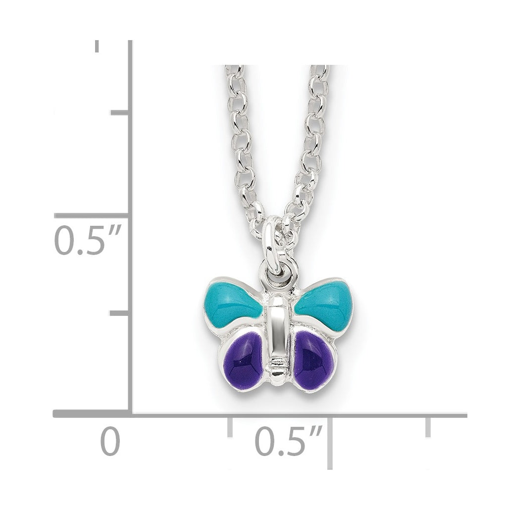 Sterling Silver Polished Blue & Purple Enameled Butterfly with 1.5inch Extension Children's Necklace