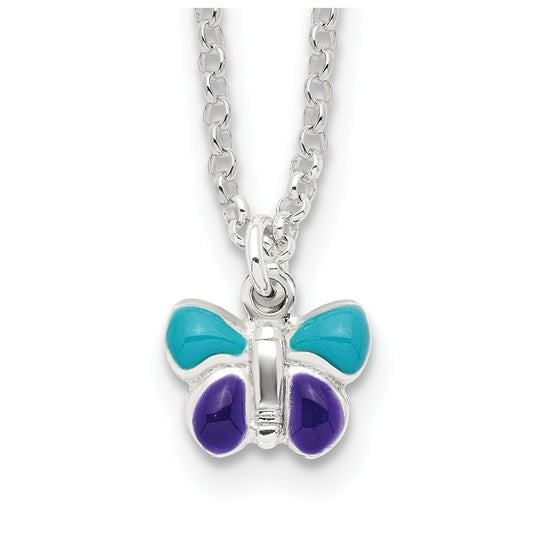 Sterling Silver Polished Blue & Purple Enameled Butterfly with 1.5inch Extension Children's Necklace