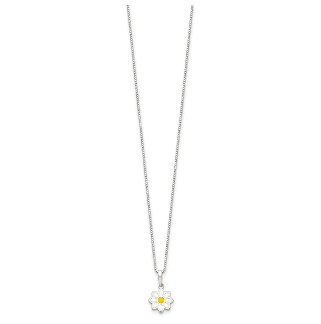 Sterling Silver Polished Yellow & White Enamel Flower Children's Necklace