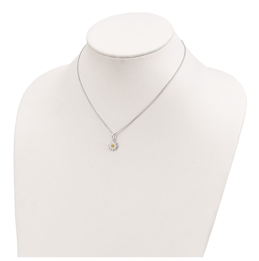 Sterling Silver Polished Yellow & White Enamel Flower Children's Necklace