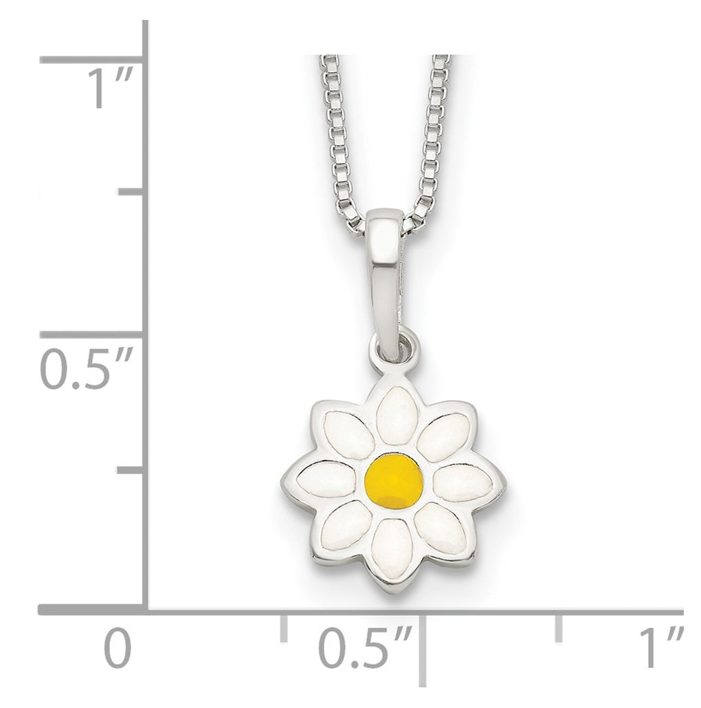 Sterling Silver Polished Yellow & White Enamel Flower Children's Necklace