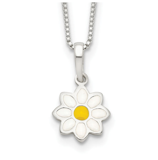 Sterling Silver Polished Yellow & White Enamel Flower Children's Necklace