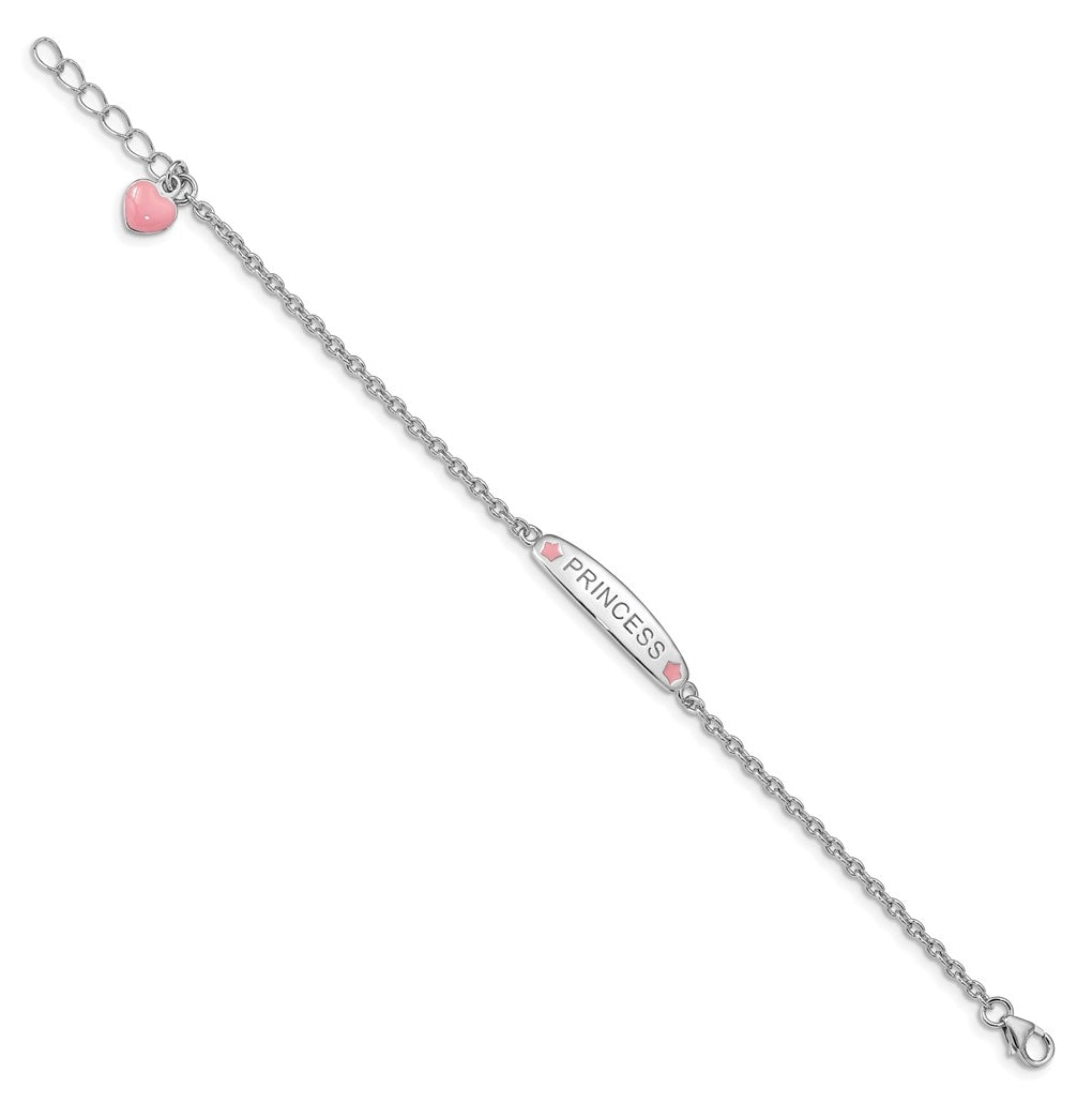Sterling Silver Rhodium-plated Polished & Pink Enameled PRINCESS with 1 Inch Extension Children's Bracelet