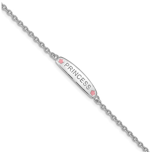 Sterling Silver Rhodium-plated Polished & Pink Enameled PRINCESS with 1 Inch Extension Children's Bracelet