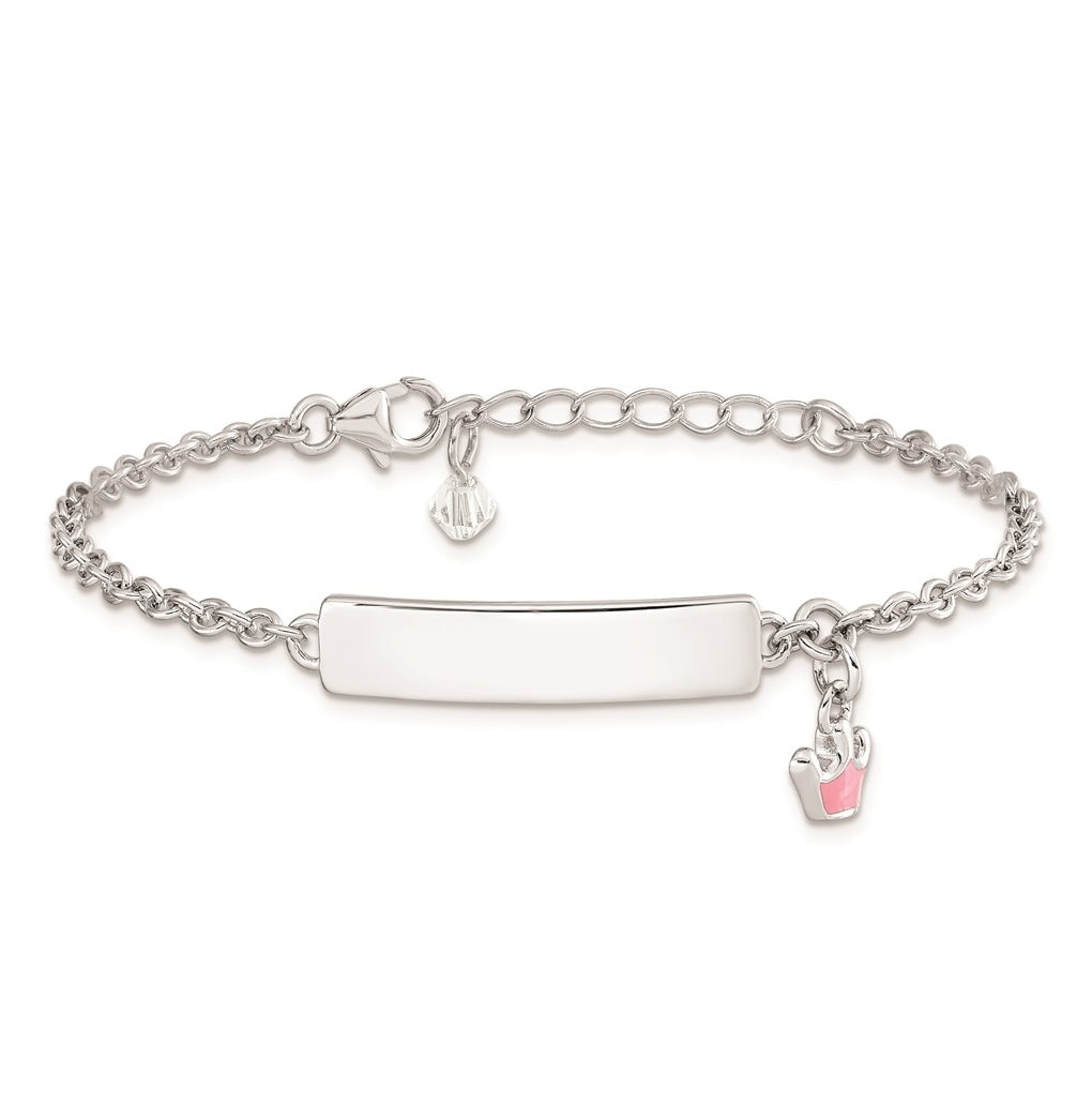 Sterling Silver Rhodium-plated Polished & Pink Enameled Crown with 1 Inch Extension Children's ID Bracelet