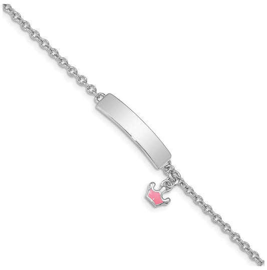 Sterling Silver Rhodium-plated Polished & Pink Enameled Crown with 1 Inch Extension Children's ID Bracelet