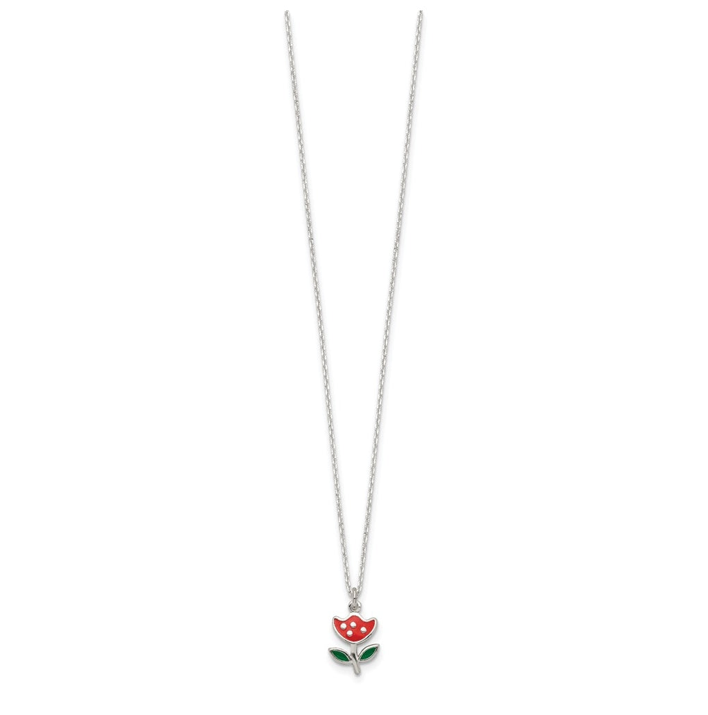 Sterling Silver Polished Red & Green Enameled Flower Children's Necklace