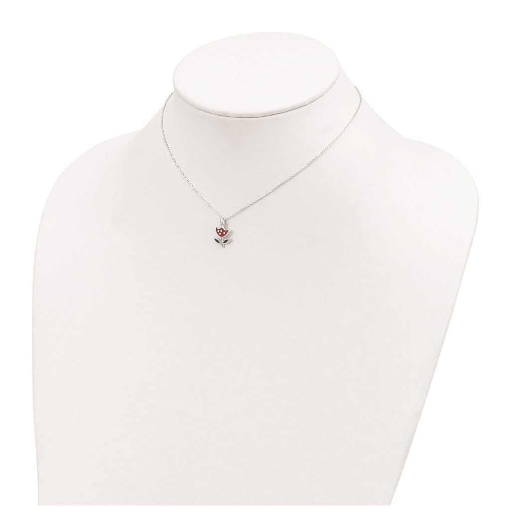 Sterling Silver Polished Red & Green Enameled Flower Children's Necklace