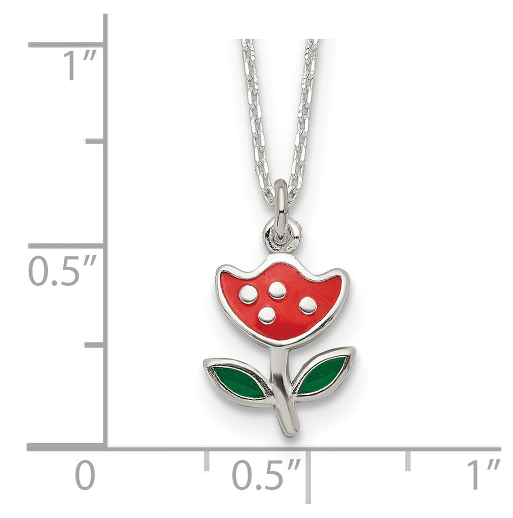Sterling Silver Polished Red & Green Enameled Flower Children's Necklace