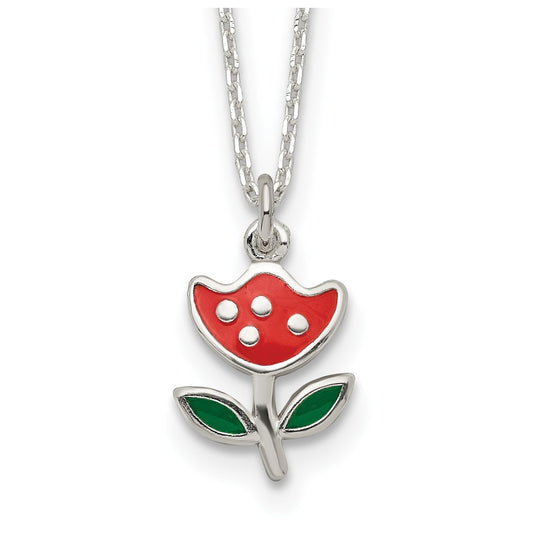 Sterling Silver Polished Red & Green Enameled Flower Children's Necklace